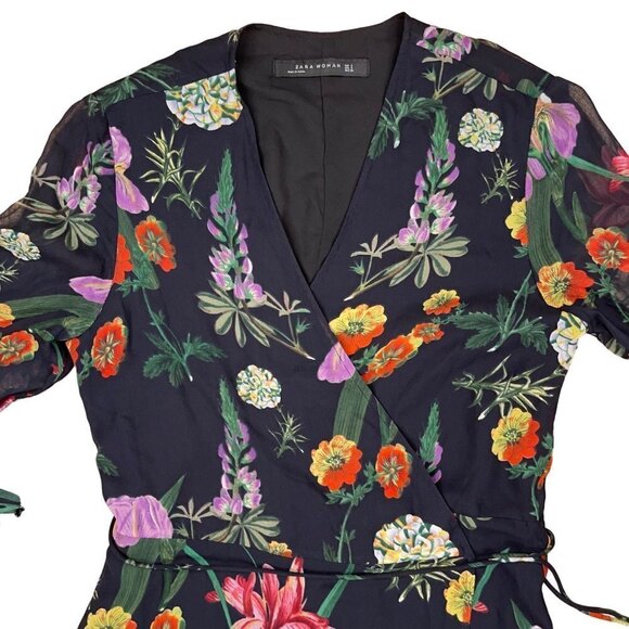 Zara Woman SMALL Black Lined Botanical/Floral Wrap Dress w Sheer Sleeves - Picture 6 of 7